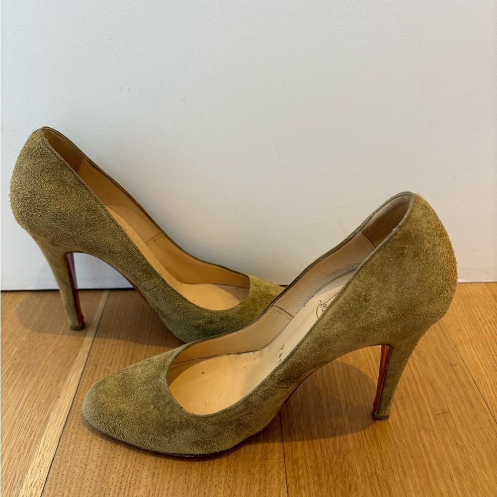 Christian Louboutin Olive Green Suede Pumps, size 34.5/4.5